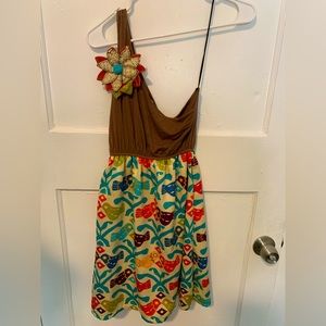 Judith March One Shoulder Dress with Flower Appliqué and Bird Patterned Skirt